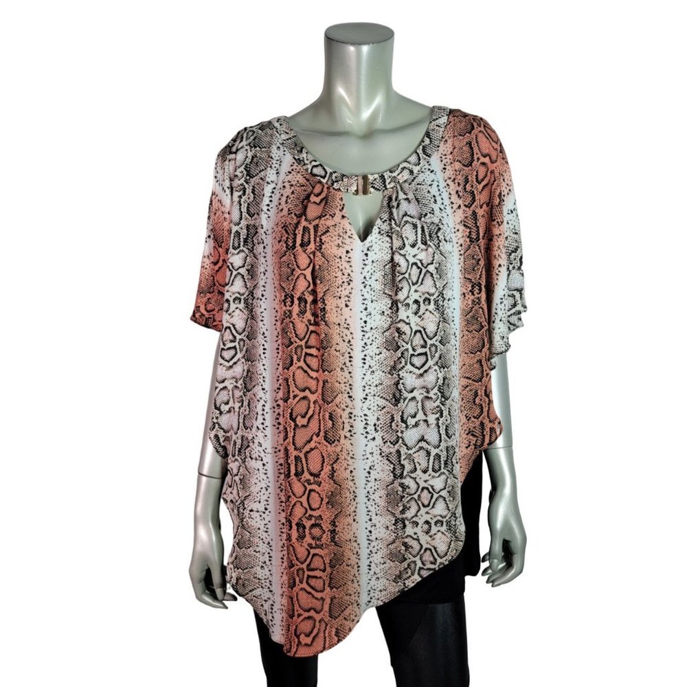 AGB Poncho Top Plus Size 2X Snake Print Crew‎ Neck Keyhole Stretch Pink NWT